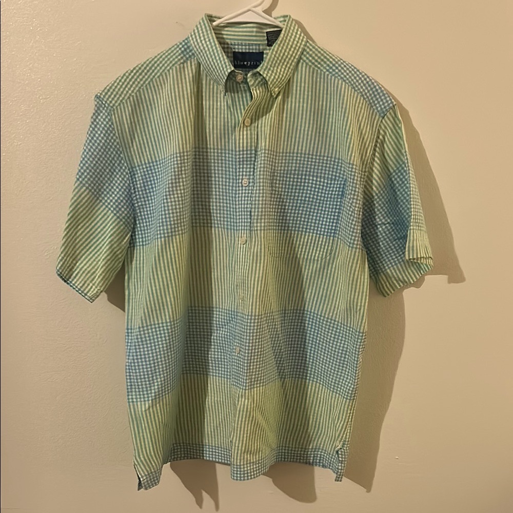 Green and Blue Casual Checkered Button Down Short Sleeve Shirt